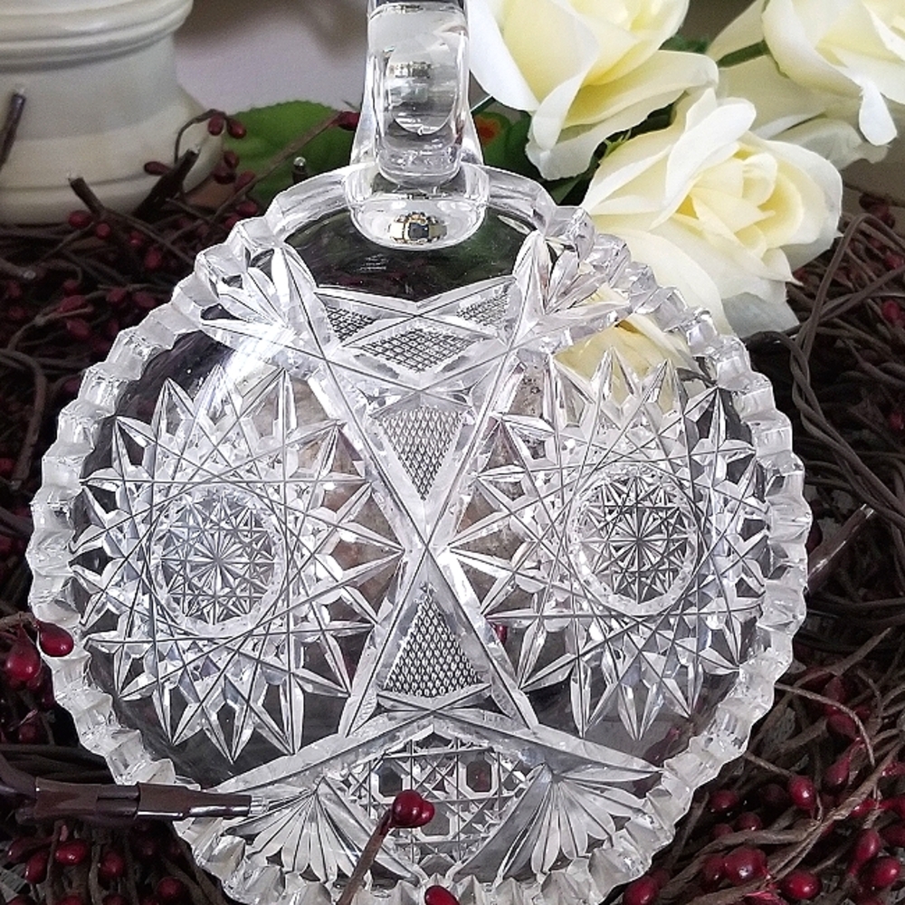 American Brilliant Nappy Cut Glass Dish with Handle 7" Crystal